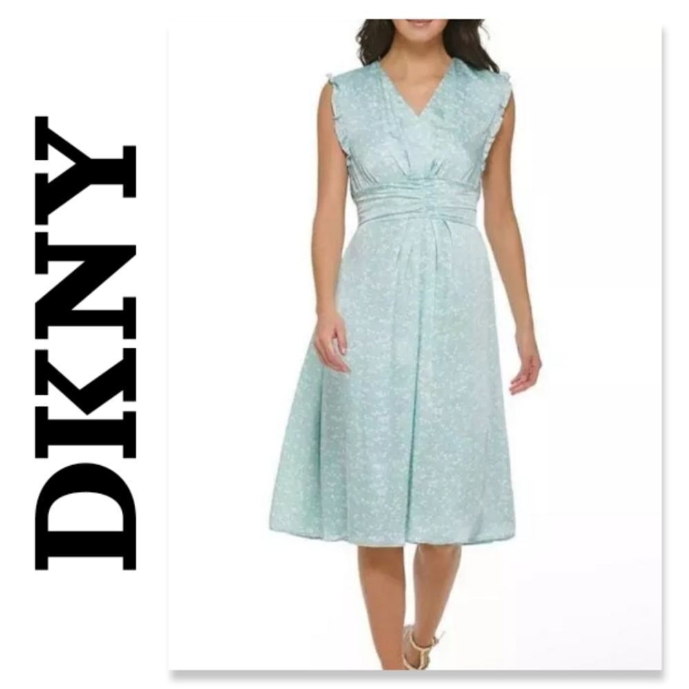 NWT DKNY Sky Blue Floral Midi Dress Women's Size 8 Smocked Silky Puff Sleeve